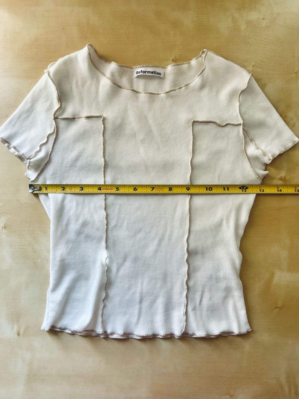 Reformation Cream Ribbed Lettuce-Edge Short Sleeve Tee with Exposed Seams - Picture 4 of 6